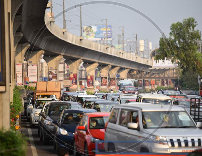Vehicles Queued Up At Police Check Points  For Police Checkups in Hyderabad City Main Roads During Lockdown Period For Corona Virus Or COVID -19  Outbreak