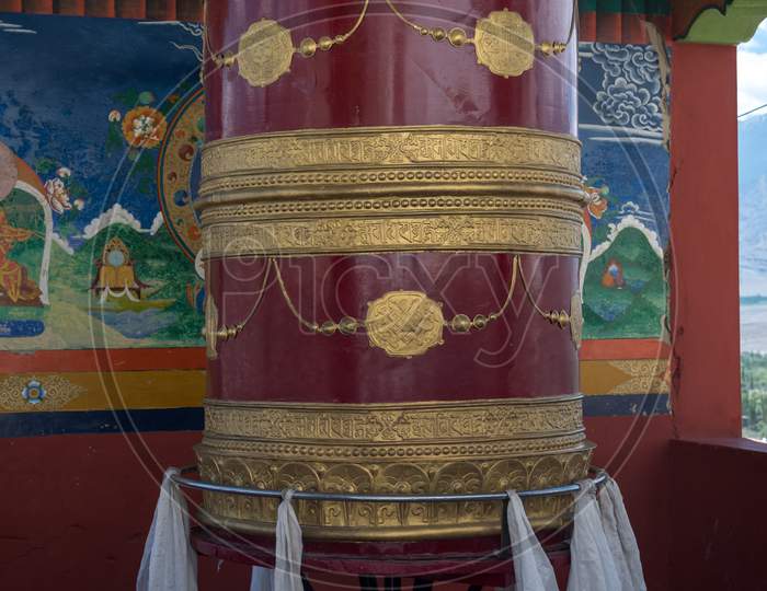 A big Tibetan prayer bell at the thiksey monastery, Leh, Ladakh, India