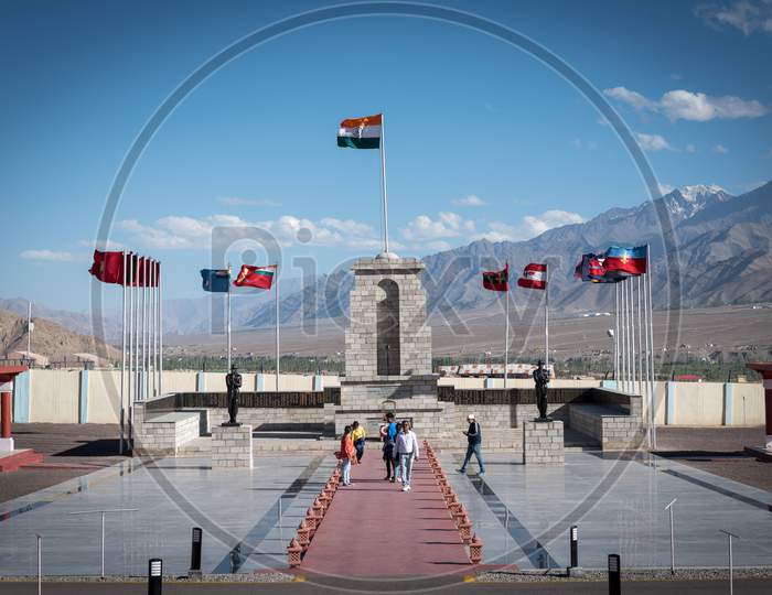 Leh, Kashmir, India - September 20 2019: Tourists at the beautiful and spectacular high altitude war memorial in Leh on bright summer day