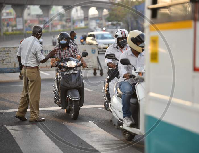 Hyderabad Police Checking The Commuters On Roads During Lockdown Period  For Corona Virus Or COVID-19 Outbreak In India