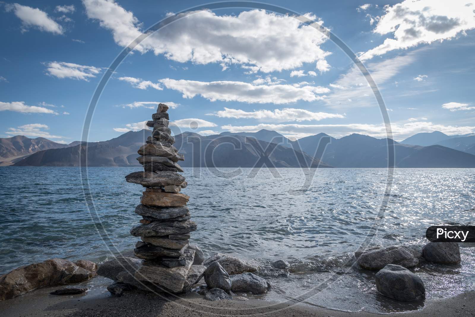 Stones arranged artistically on the shores of Pangong Lake, Ladakh