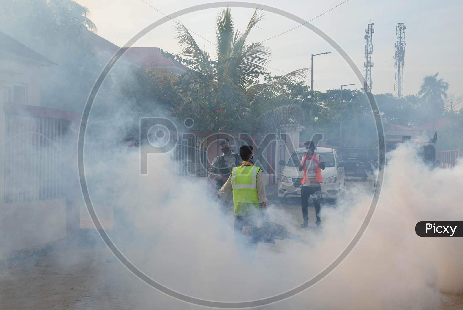 A Municipal Worker Fogging  Disinfectant In A Locality Amidst Coronavirus Or COVID-19 Pandemic In Guwahati On  May 1, 2020.