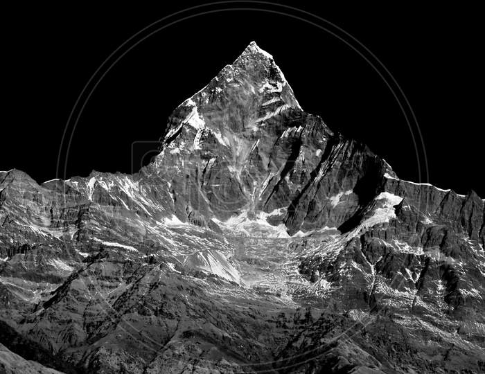 Mount Fishtail From Pokhara, Processed In Monochrome