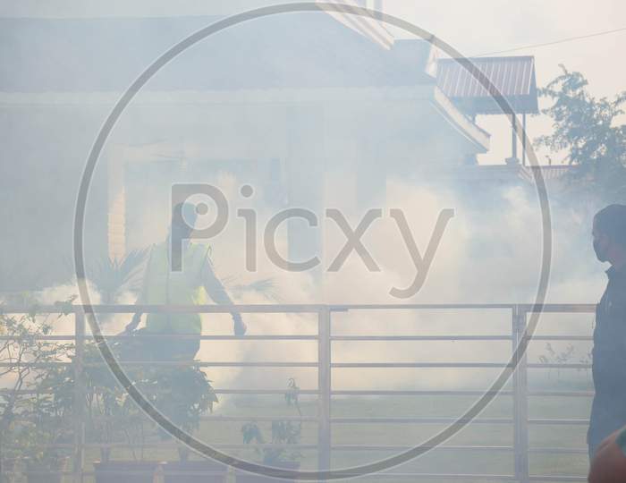 A Municipal Worker Fogging  Disinfectant In A Locality Amidst Coronavirus Or COVID-19 Pandemic In Guwahati On  May 1, 2020.