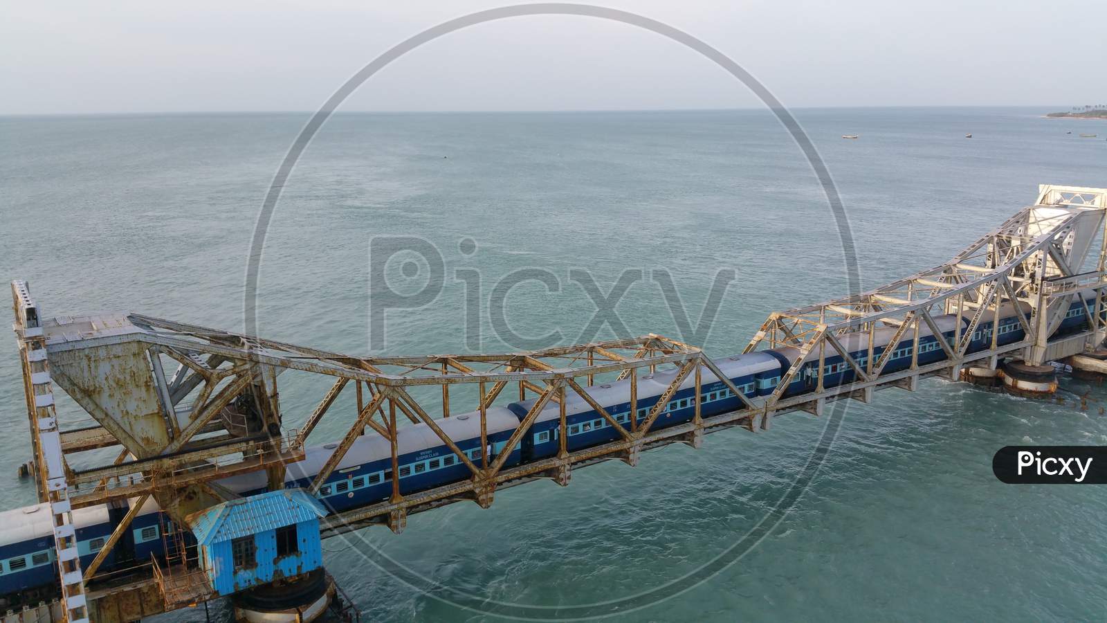 Train passing through Pamban bridge on the sea in Rameshwaram