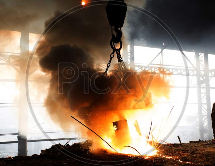 Scrap Steel Melts Down In An Induction Furnace At Demra, Dhaka, Bangladesh.