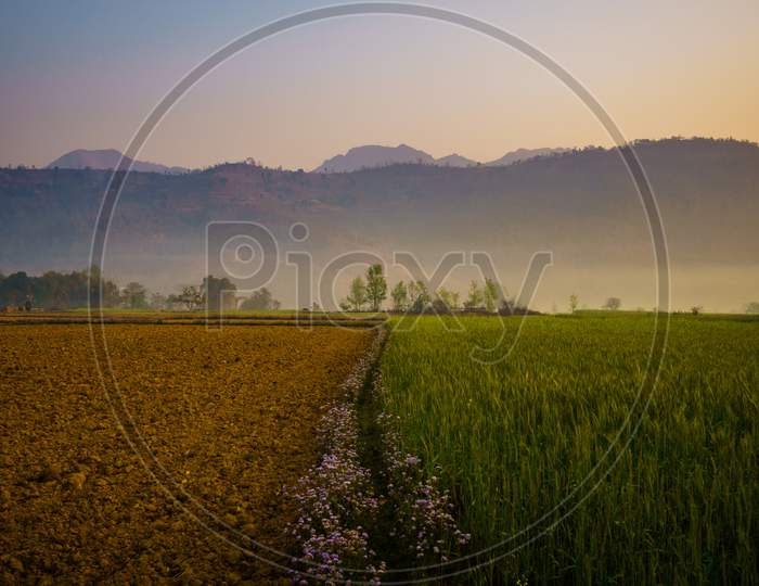 Flat fields, irrigation channel, hills, crops