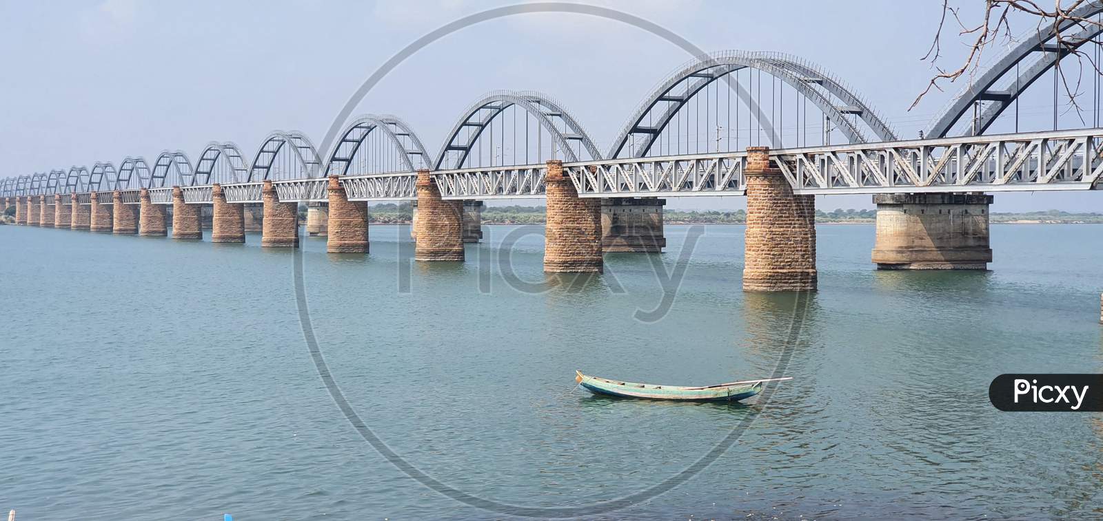 Scenic railway bridges across the Godavari river
