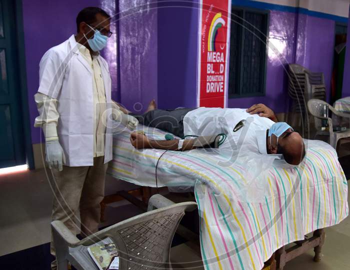A man Donates Blood Inside a Blood Donation Camp For The Needy Patients During Nationwide Lockdown Amidst Coronavirus Or COVID-19 Pandemic  In Nagaon On May 11, 2020