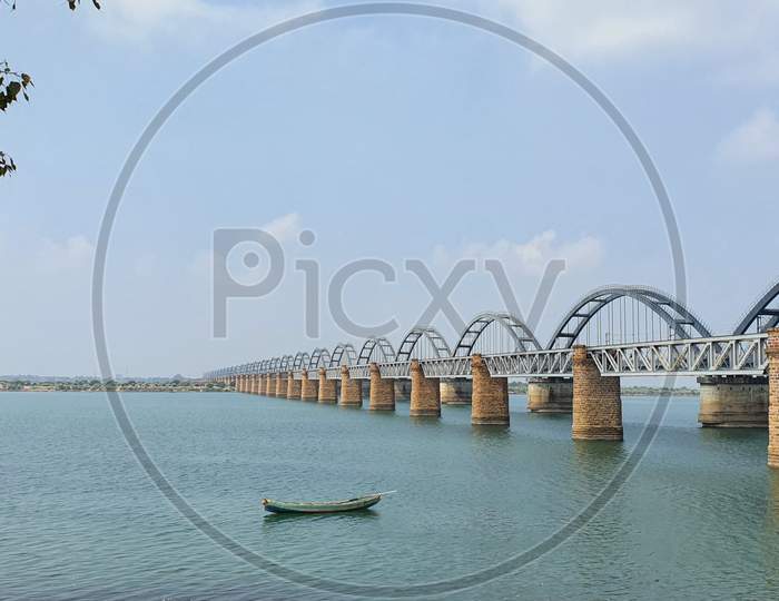 Natural view of Godavari river and railway bridges