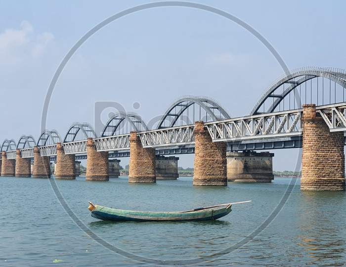 Scenic railway bridges across the Godavari river
