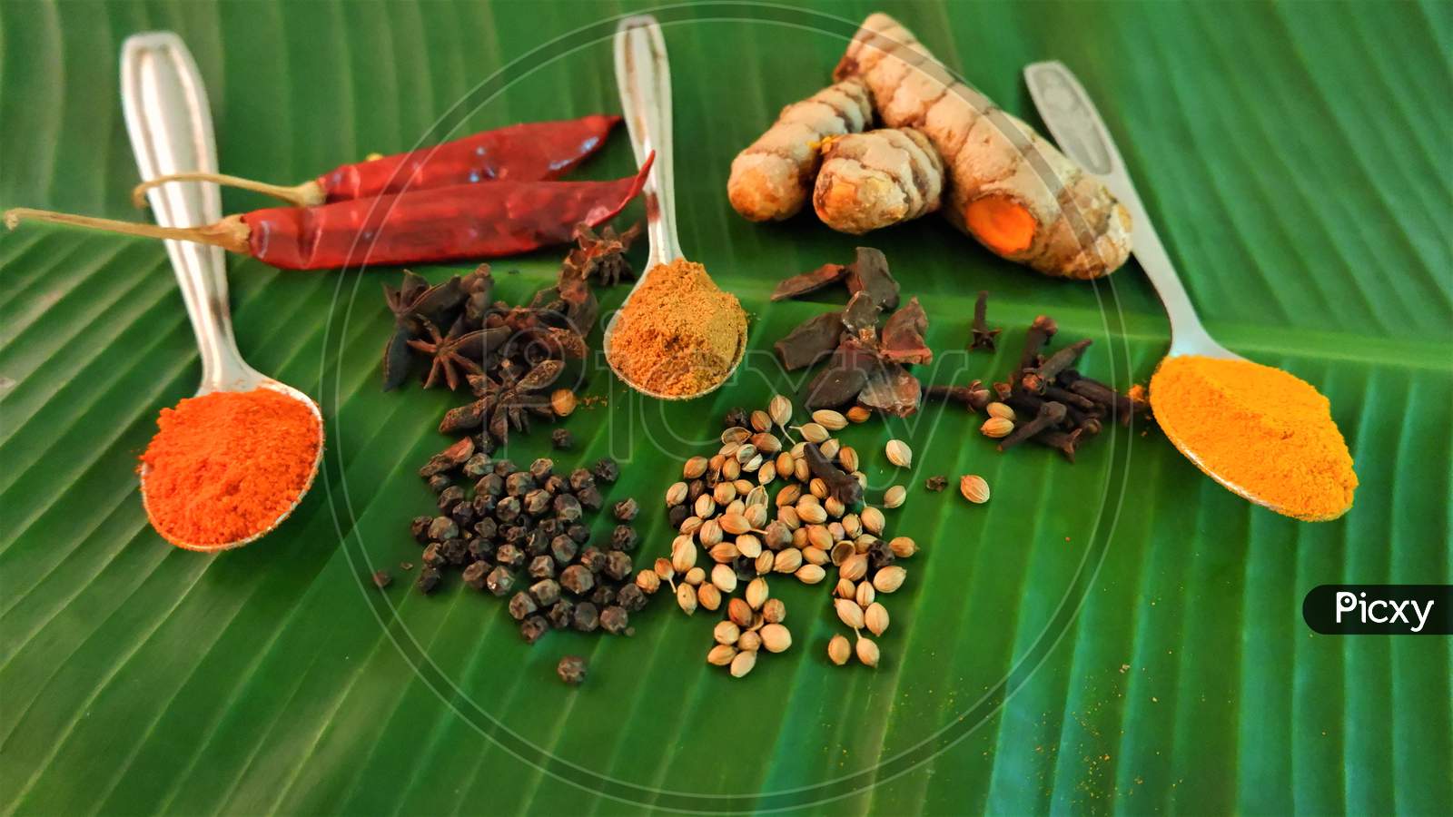 indian kerala masala spices on banana leaf