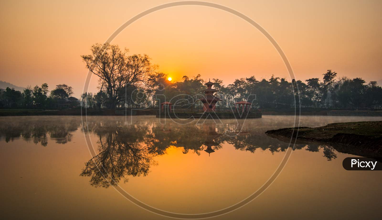 Temple on the lake at sunrise