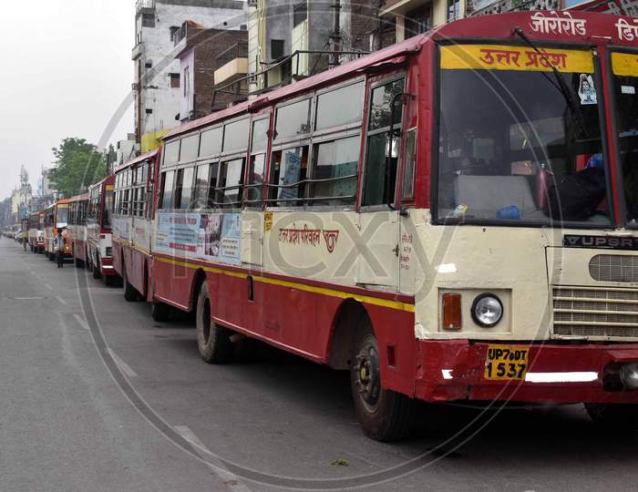 Buses For Migrant Workers Stranded In Gujarat During Nationwide Lockdown Amidst Coronavirus Or COVID- 19 Pandemic, Prayagraj, May 10, 2020
