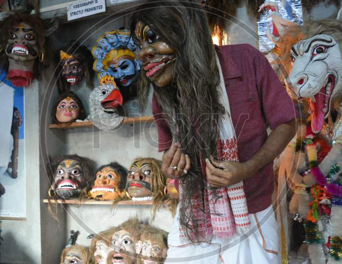 Majuli, Assam/India- January 9 2017: Famous Mask culture of Samaguri Satra in Majuli.