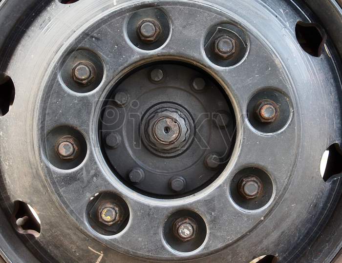 Close up of a wheel rim of an old timer cam