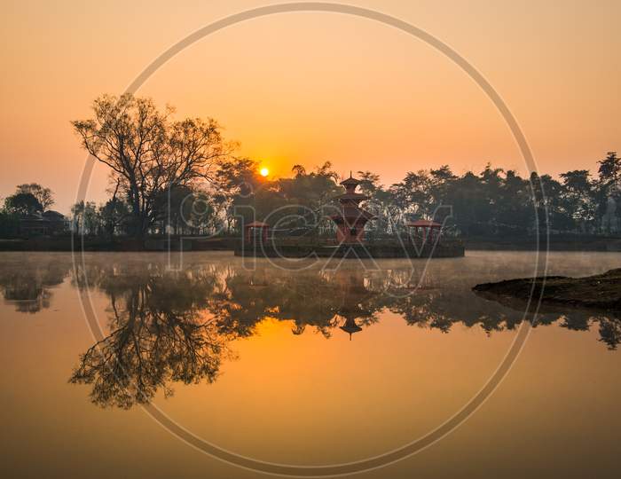 Temple on the lake at sunrise