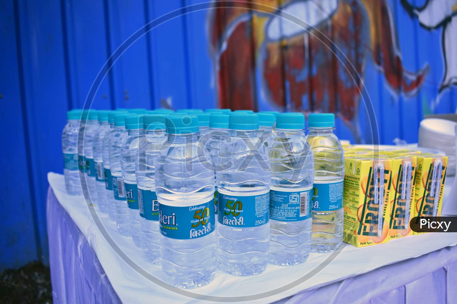 December 14 2019- New Delhi: Bottled mineral water of Bisleri and tera pack of Frooti drinks on the table at celebration/party.