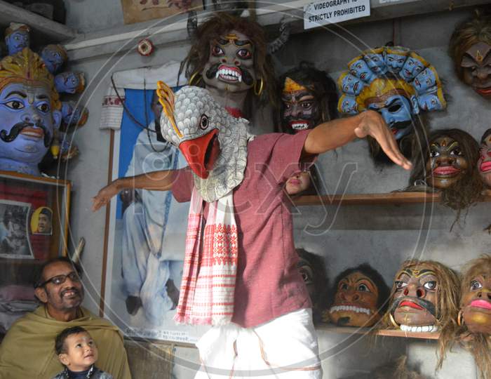 Majuli, Assam/India- January 9 2017: Famous Mask culture of Samaguri Satra in Majuli.