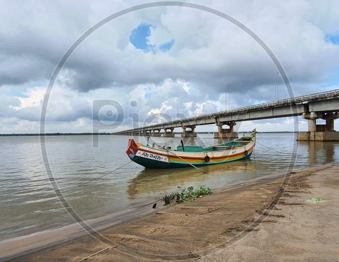 Ultra wide image of scenic Godavari river bridge in Yanam