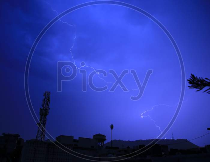 Lightning flashing through the sky over the Ajmer city during unseasonal rain in Ajmer, Rajasthan, India on 06 May 2020.