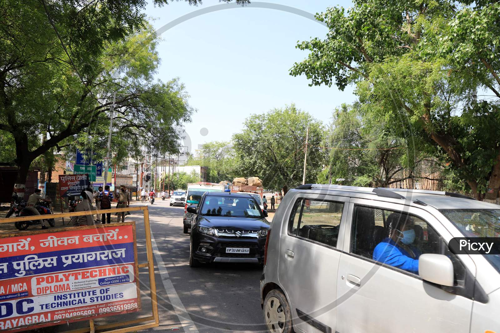 People Drive Through Barricades At City Entrance Points As They Enter The Prayagraj City During Nationwide Lockdown Amidst Coronavirus Or Covid-19 Pandemic  In Prayagraj, May 12, 2020