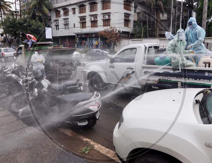 Guwahati Municipal Corporation (Gmc) Workers Spray Disinfectants During Nationwide Lockdown Amidst Coronavirus Or COVID-19 Pandemic  In Guwahati On May 11, 2020