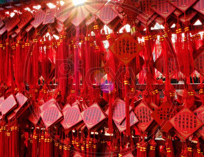 Red Wooden Prayer Tablets At The Temple And Cemetery Of Confucius, Unesco World Heritage Site In Qufu, China. Chinese Buddhism And Confucianism.