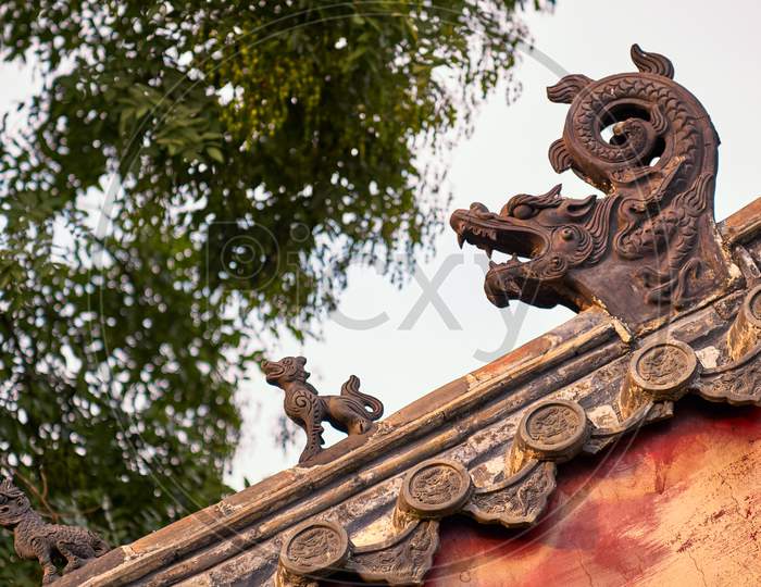Chinese Roof Figure Decorations, Architectural Details From The Temple Of Confucius Complex, Unesco World Heritage Site In Qufu, Shandong Province, China