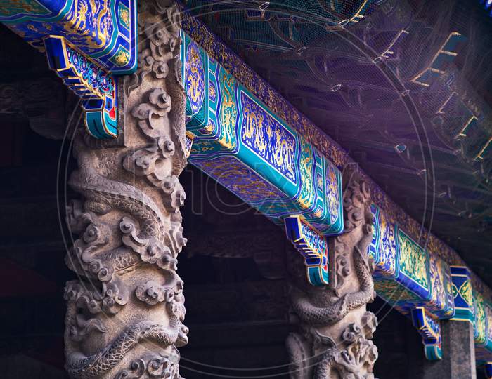 Coiled Dragon Pillars In Front Of Dacheng Hall, Temple Of Confucius, Unesco World Heritage Site In Qufu, Birthplace Of Confucius, Shandong Province, China