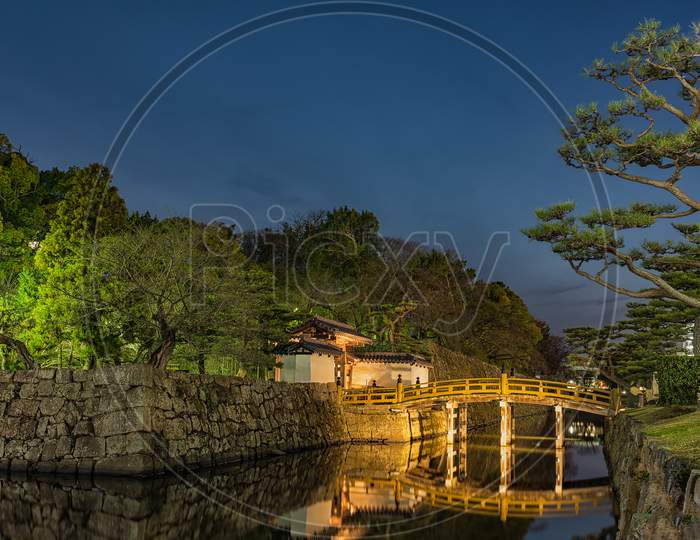 Evening View Of The Entrance To The Wakayama Castle, Old Historic Japanese Castle In Wakayama City, Japan