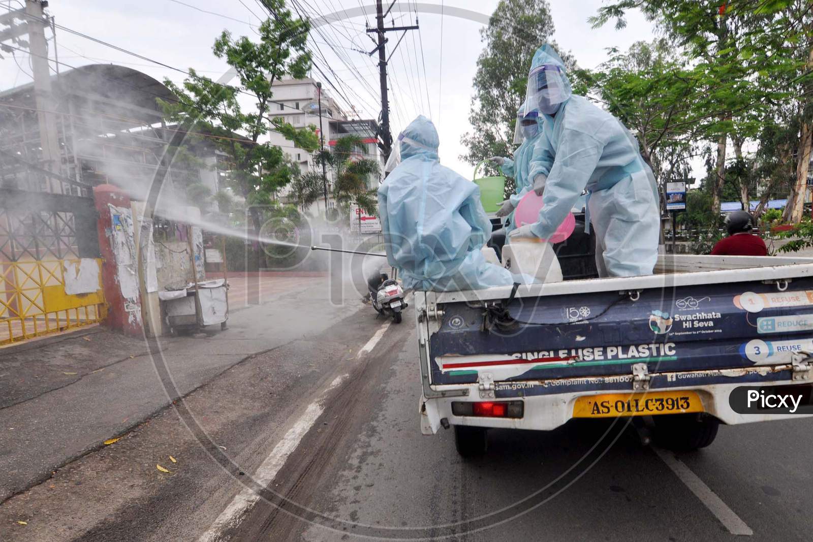 Guwahati Municipal Corporation (Gmc) Workers Spray Disinfectants During Nationwide Lockdown Amidst Coronavirus Or COVID-19 Pandemic  In Guwahati On May 11, 2020
