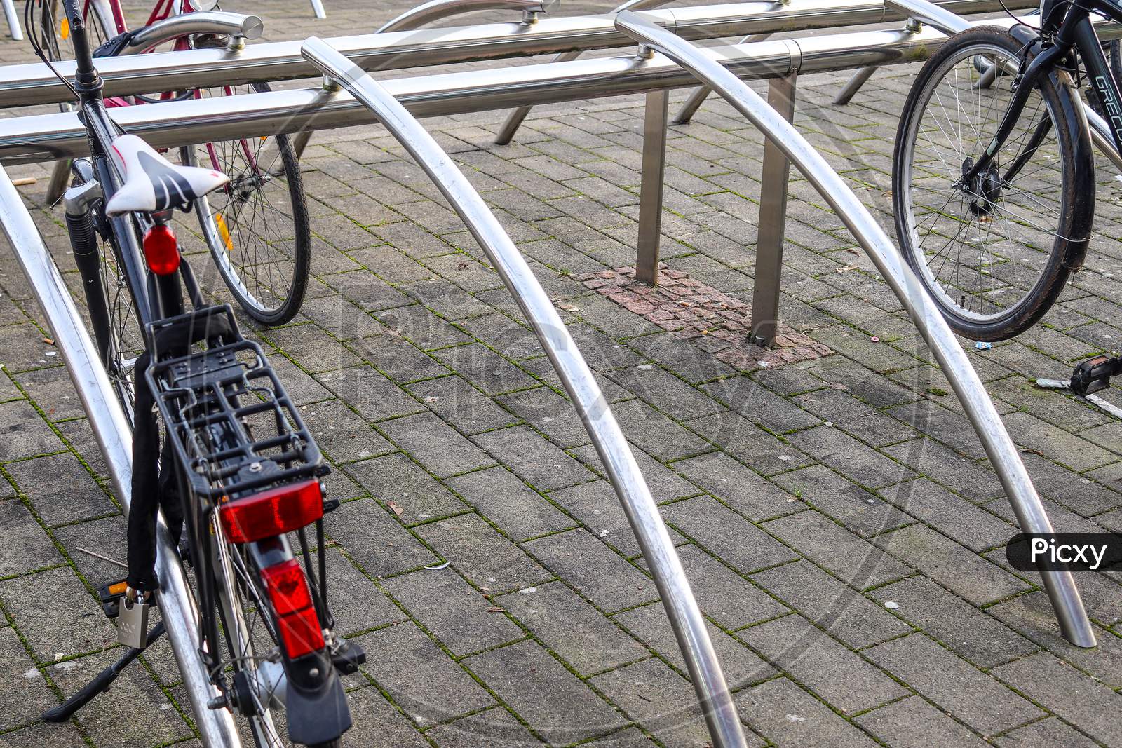Schleswig-Holstein, Germany - May 02, 2020: Bicycles at a parking space
