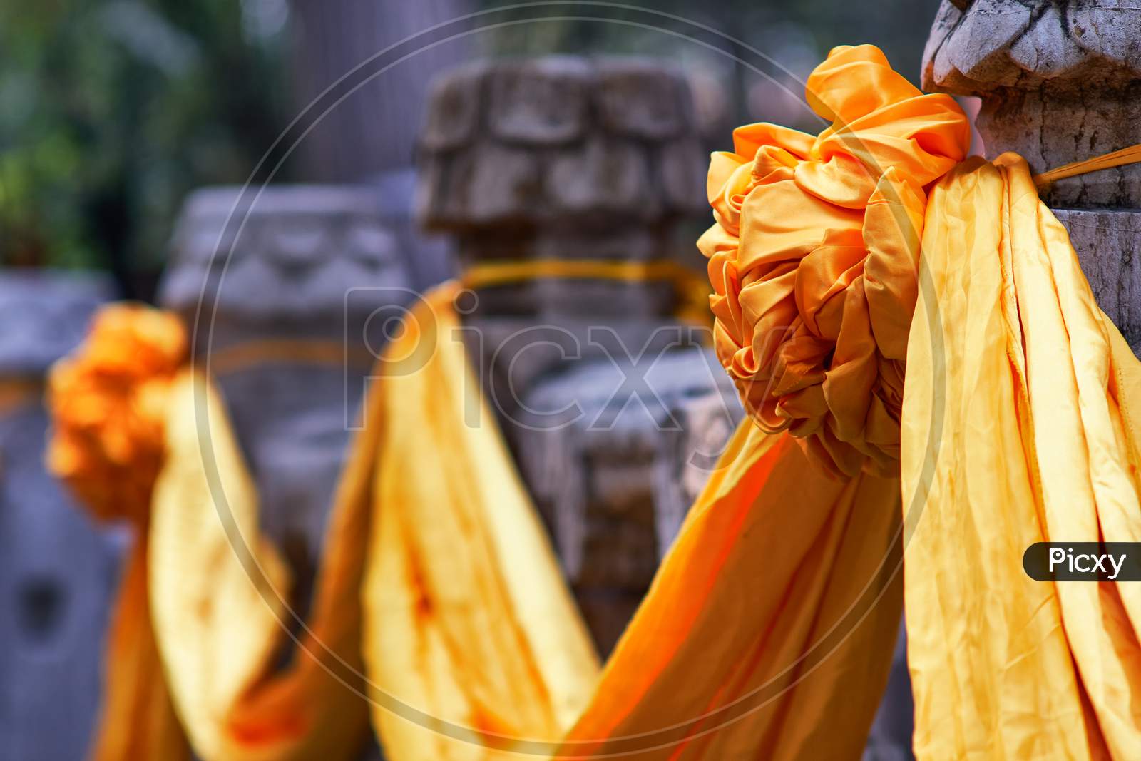 Temple Of Confucius, Unesco World Heritage Site In Qufu, Birthplace Of Confucius. Yellow Silk Scarves Decorating The Marble Pillars, Chinese Culture And Architectural Details