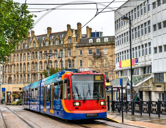 City Tram At Cathedral Station In Sheffield, England