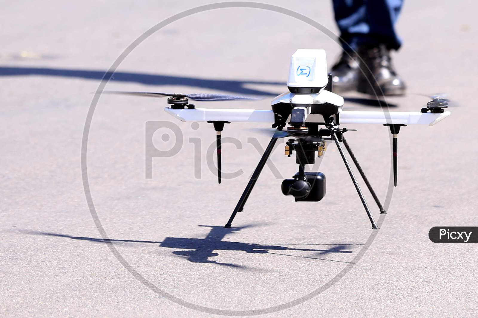 A drone operated by a security personnel for surveilling a hotspot area during a government-imposed nationwide lockdown as a preventive measure against the COVID-19 or coronavirus, in Ajmer, Rajasthan, India on 06 May 2020.