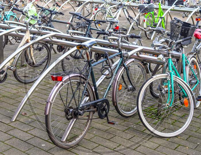 Schleswig-Holstein, Germany - May 02, 2020: Bicycles at a parking space