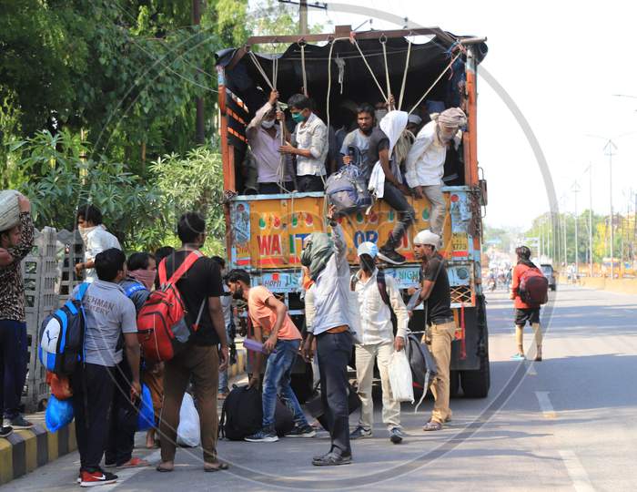 Migrant Workers Who Arrived From Mumbai Board A Truck To Reach Their Native Places During Nationwide Lockdown Amidst Coronavirus Or COVID-19 Pandemic  In Prayagraj, May 12, 2020