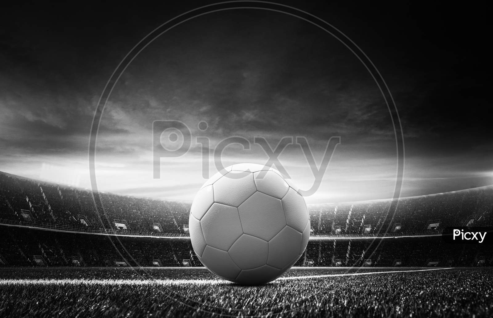 Sky view with football in ground Black and white view