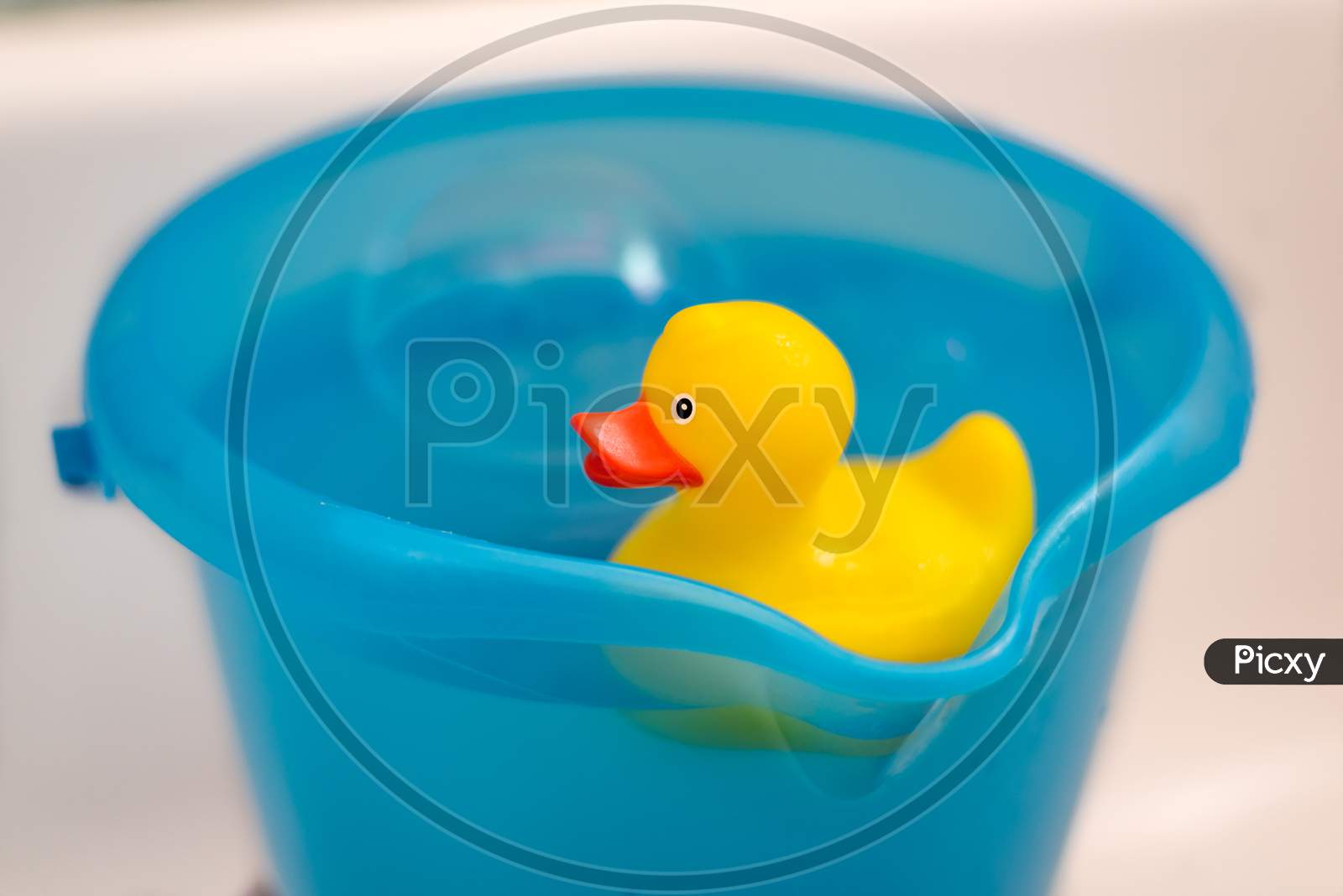 Yellow rubber duck in a blue bucket full of water with soap bubbles