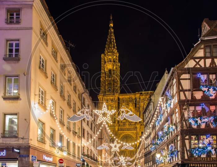 View Of Notre-Dame De Strasbourg With Christmas Illumination