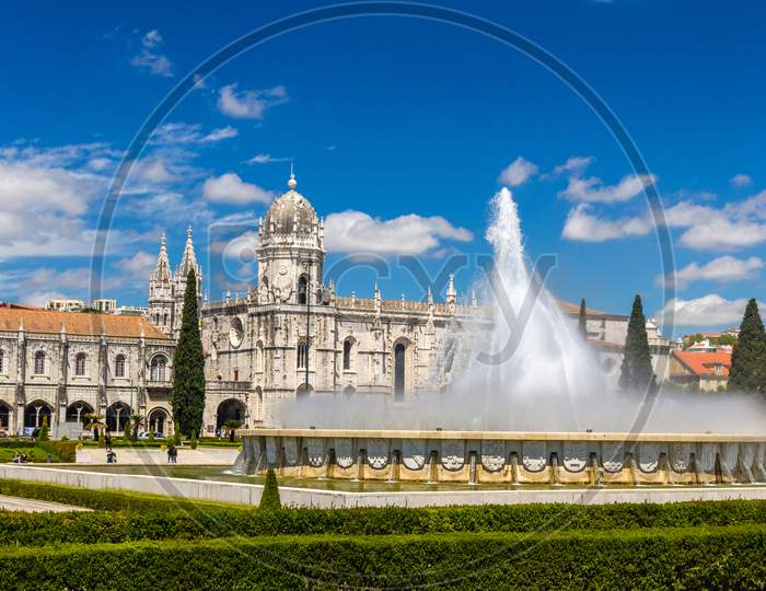 Fountain In Front Of Jeronimos Monastery In Lisbon, Portugal