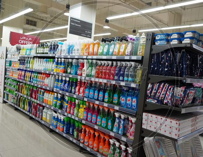 Cleaning Supplies, Sprays, Liquids Cleaning Detergents For Sale On Supermarket Stand. Bottles With Cleaning Products For Cleaning House Of Various Manufacturers On Shelves.