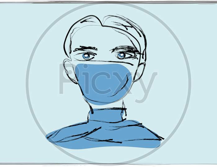 An illustration of a doctor wearing a medical mask, Blue background.