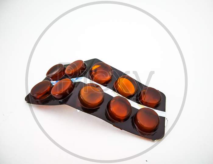 Wrapper Of Drug Medicines Pills Isolated With White Background.