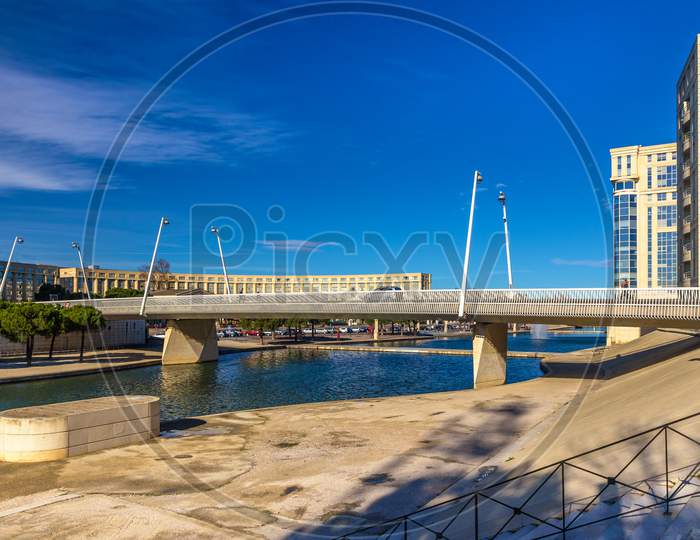 Modern Bridge In Montpellier Over The River Lez - France