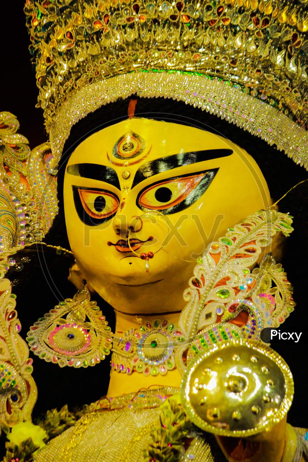 Durga Ma With Open Eyes In A Traditional Bengali Gesture