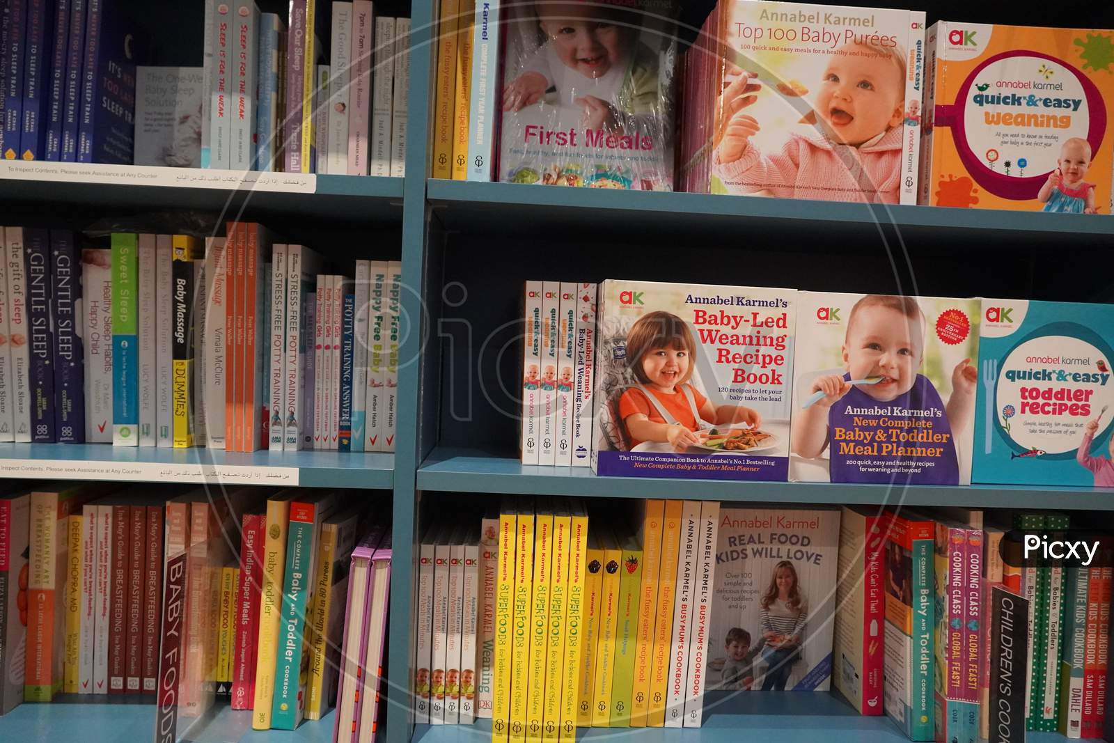Bookshelf In Library With Many Parenting Books For Sale. Parenting, Toddler Guidebooks. Children Books. Toddler Books. What To Expect When You Are Expecting. Pregnancy Guide -