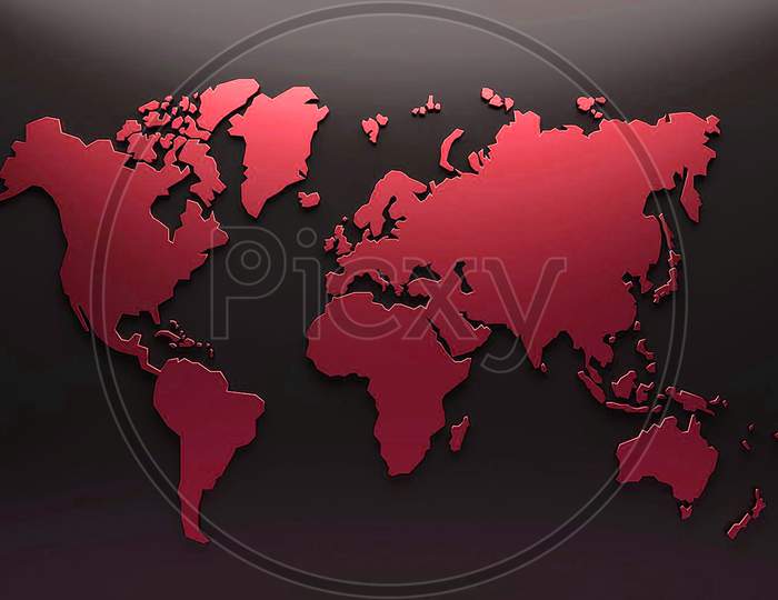 Embossed 3D Red Colour World Map In Dark Background