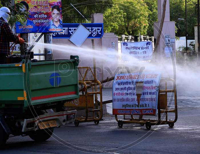 A man Spray Disinfectant during a government-imposed nationwide lockdown as a preventive measure against the COVID-19 coronavirus in Ajmer, Rajasthan, India on 07 May 2020.